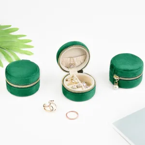 Draagbare mini ronde fluwelen sieraden opbergdoos met rits voor ringen oorknopjes groene etui