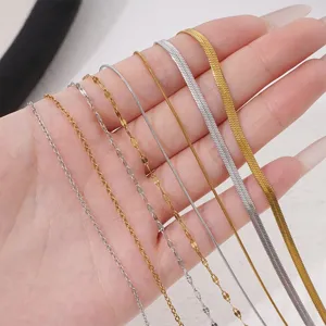 Detailed view of various 304 stainless steel necklace chains in gold and silver for DIY crafts.