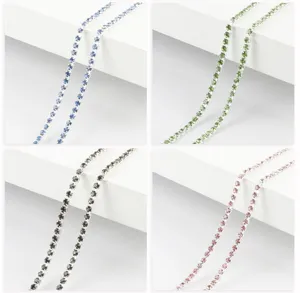 Detailed view of colorful rhinestone cup chains, perfect for DIY handmade jewelry crafts.