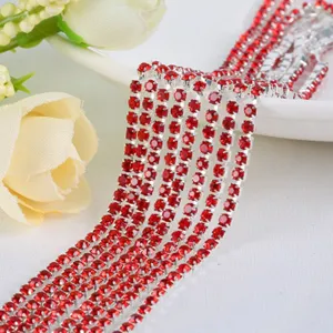 Red rhinestone chain 1m dense crystal claw chain for DIY handmade jewelry necklace bracelet crafting.