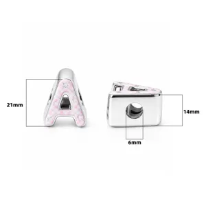 Silver letter A large hole bead with pink plaid star pattern for DIY jewelry making 1pc