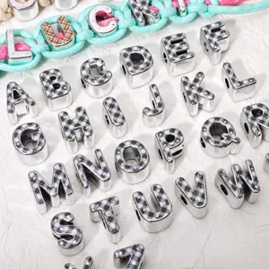 Acrylic plaid letter beads with silver edges for handmade DIY phone straps and jewelry making.