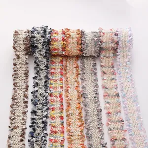 Multi-color tweed fringe ribbon trim, decorative boucle braided fabric for DIY sewing crafts.