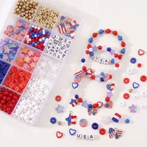 Kit de perles DIY de la Fête Nationale avec lettres USA et bracelets aux couleurs patriotiques.