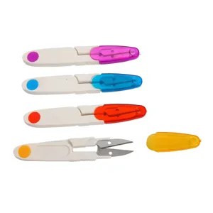 Stainless steel U-shaped thread scissors with colorful transparent caps for sewing DIY crafts.