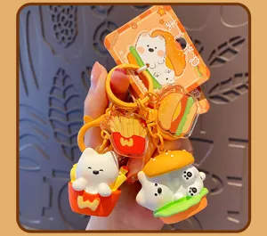 Cute white dog burger fries keychain set original food pendant bag charm accessory for daily use.