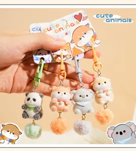 Cute animal keychains set with fluffy pom poms, lovely plush pendant for cute schoolbags.