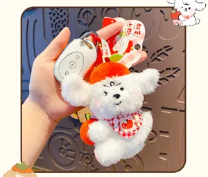 Porte-clés peluche chiot fruit mignon, poupée chien blanc doux pour pendentif de sac.