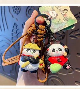 Cute panda keychain charm set, Chinese jianghu style cartoon bag pendant ornament gift.