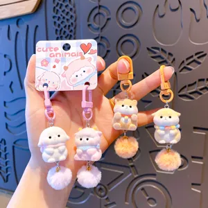 Cute Cartoon Animal Flocked Resin Keychain Panda Koala Bear Pendant With Pom Pom Charm For School Bag Keyring Couple Gift Accessories