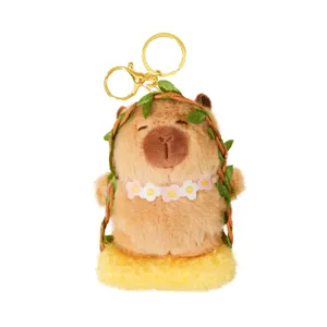 Cute capybara plush keychain with flower wreath and metal ring, soft toy bag pendant gift