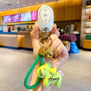Cute Leather Heart Pony Keychain Sweet Braided Cord Animal Pendant Charm With Bell For Bags Phone Case Decoration Couples Friends Gift