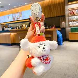 Porte-clés peluche chiot fruit mignon, jouet doux avec chapeau orange pour sac et clés.