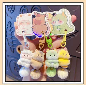 Cute plush animal keychain set with cartoon figures and hanging cards, perfect for bags and gifts.