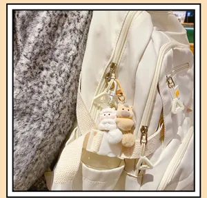 Cute plush zodiac animal keychain detail view, fluffy charm pendant for school bag backpack.