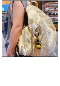 Detailed view of a trendy yellow crinkled backpack with cute puppy keychain and white buckles.
