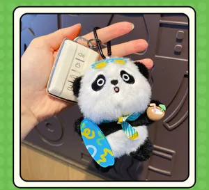 Cute panda plush keychain detail, fluffy doll charm with skateboard and sunglasses for backpack.