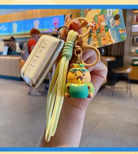 Cute capybara keychain with coconut drink pendant, woven lanyard and car key case.