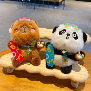 Cute capybara panda plush keychain couple bag pendant with mini surfboard accessory