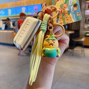 Cute cartoon capybara keychain with car key case and braided lanyard for daily backpack decoration