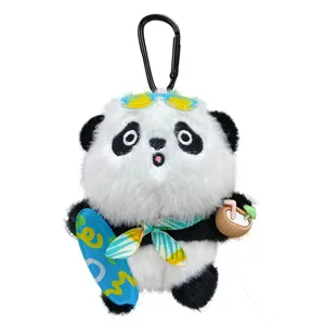 Cute panda plush keychain with surfboard, summer style fluffy bag charm for keys.