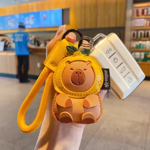 Cute capybara fruit hood keychain PU leather cartoon key ring bag pendant charm for car keys