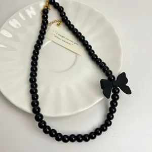 Zwarte kralen strik sleutelbeinketting, niche ontwerp cool stijl choker sieraden accessoire