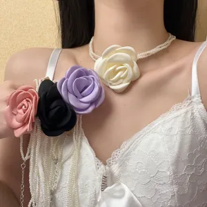 Elegante Meerlaagse Kunstparel Rozenbloem Choker Ketting Voor Vrouwen Camellia Stof Bloem Sleutelbeen Ketting Halssieraden