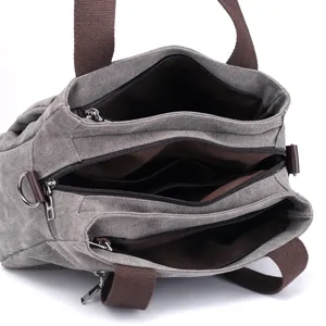 Casual canvas shoulder bag for women, multi-compartment daily handbag with sturdy brown straps.