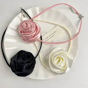 French vintage fabric rose flower choker necklace for women sweet elegant chic jewelry details