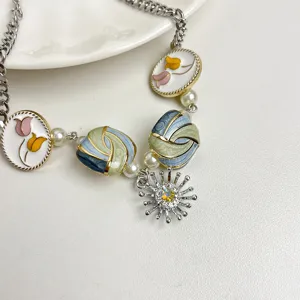 Prachtige geëmailleerde knooppketting met zonnehanger, snoepkleurig bloemontwerp voor dames.