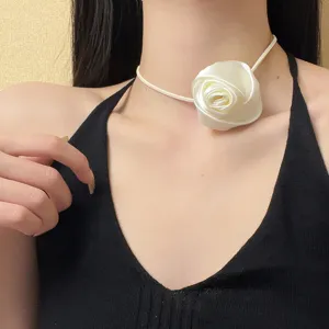 French vintage white rose choker necklace for women elegant floral fabric neck jewelry