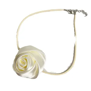 Elegant fabric rose flower choker necklace with soft cord and adjustable chain for women detail