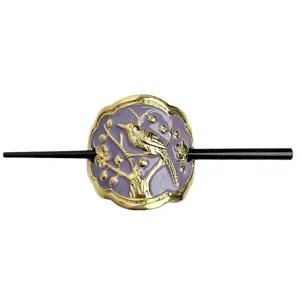 Chinese style metal enamel bird plum blossom hair stick ornament detail closeup view