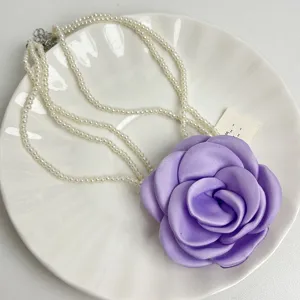 Paarse rozenbloem meerlagige parelketting chique kraagbeenketting voor dames accessoires