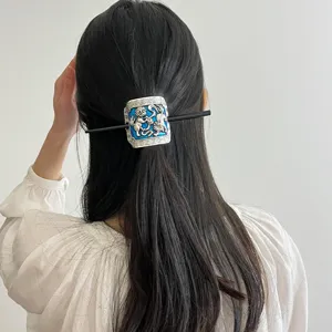 Vintage Ethnic Cloisonne Enamel Hair Stick Carved Lion Magpie Pattern Hair Accessory For Women Traditional Retro Hair Pin