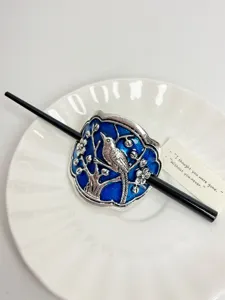 Retro Chinese style cloisonne enamel hair clip with blue bird and plum blossom design.