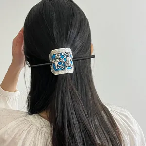 Vintage Chinese style cloisonne hair stick and ponytail cuff for elegant women daily wear.
