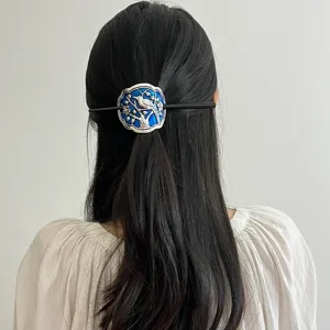 Vintage Chinese Cloisonne Enamel Hairpin Metal Blue Bird Hair Stick Ponytail Holder