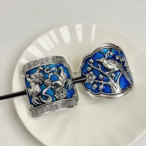 Retro Chinese style cloisonne blue enamel hair stick vintage ethnic hairpin hair accessories