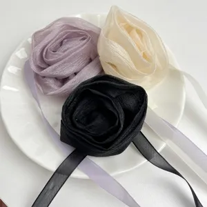 Organza flower choker necklace for women, stylish fabric rose collar accessory, black white purple.