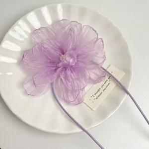 Purple organza flower choker necklace, elegant floral tie collar for women and girls.