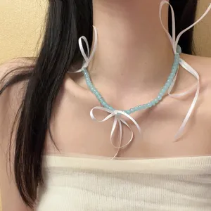 Snoepkleur kraal choker ketting met witte strik lichtblauw zomer sieraden voor vrouwen