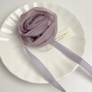 Elegant purple chiffon rose flower choker necklace with long ribbon ties for women chic style.
