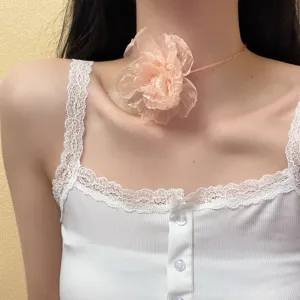 Exquisite peach chiffon flower choker necklace detail, elegant fairy style neckband accessory.