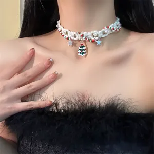 Weihnachten Strick Halskette Künstliche Perle Stern Weihnachtsbaum Anhänger Plüsch Choker Für Damen Herbst Winter Feiertag Schmuck
