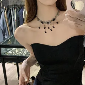 Zwarte Zirkoon Kwast Choker Ketting Vintage Goth Vierkante Diamant Sleutelbeen Ketting Vrouwen