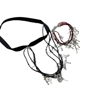 Gotische Kreuz Quaste Choker Halskette Set Punk Mehrschichtige Perlen Kragen Schmuck