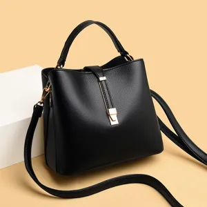 Stylish black PU leather women shoulder bag, classic top handle tote handbag for daily wear.