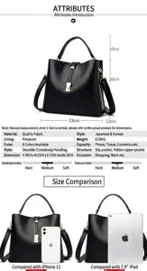 Detailed view of PU leather handbag dimensions, internal compartments and capacity for daily use.